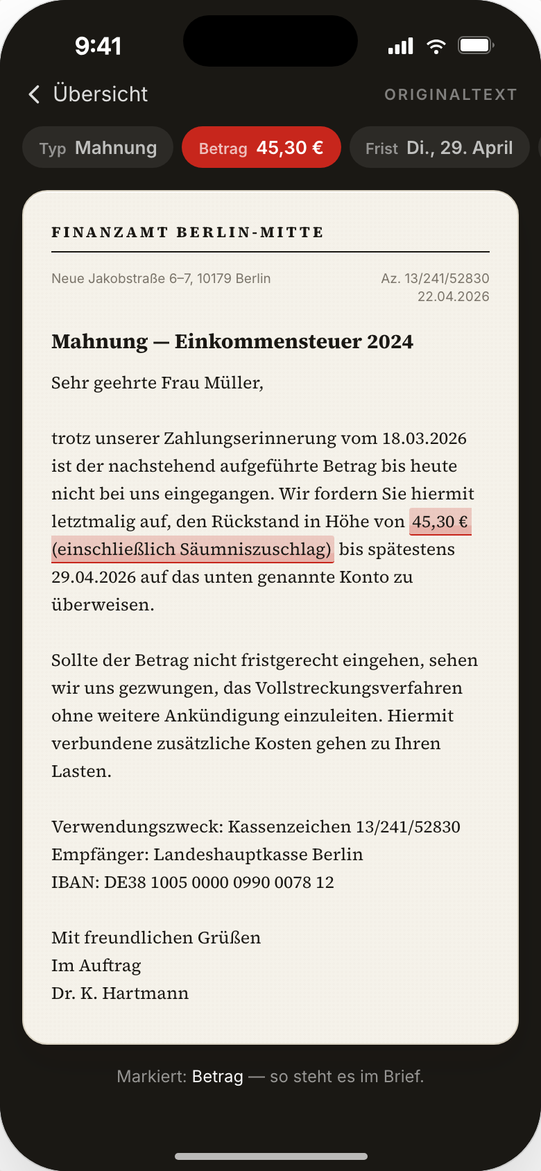 原文のBeamten-Deutsch手紙、関連フレーズがハイライト表示