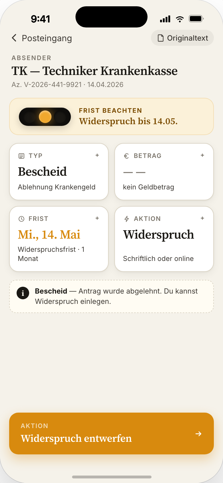 Krankenkasseの却下通知 — 黄信号、Widerspruch期限あり