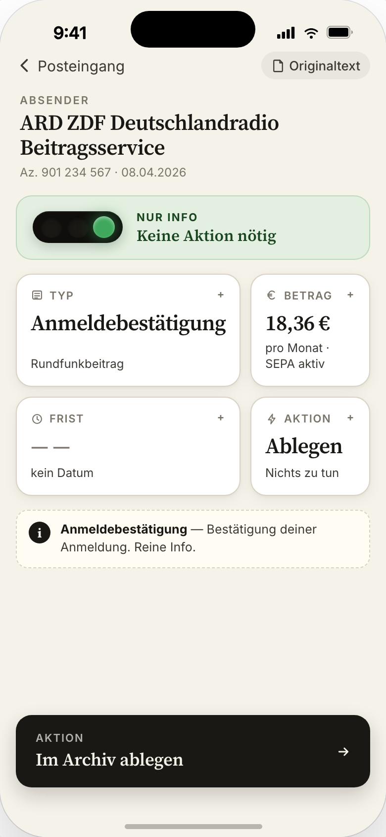 Rundfunkbeitragの確認通知 — 緑信号、対応不要