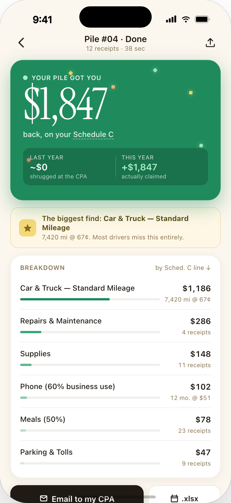 iPhone-Zusammenfassung — 1.847 $ zurück über Schedule C, mit Aufschlüsselung nach Kategorie